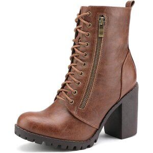 Women's Polyurethane (PU) Tan Combat Ankle Chunky Heel Lace up Heeled Booties